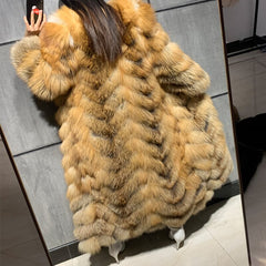 Warm Hooded Long Real Fox Fur Coat