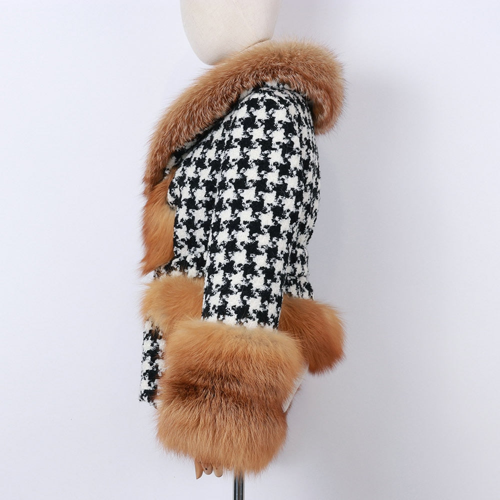 Natural Fox Fur Collar Sleeves Wool Jacket With Belt