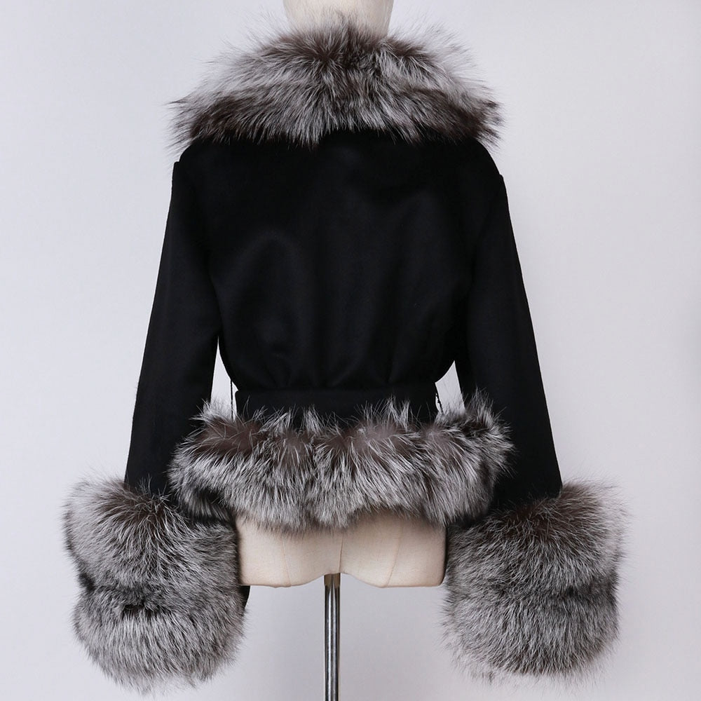 Natural Fox Fur Collar Sleeves Wool Jacket With Belt