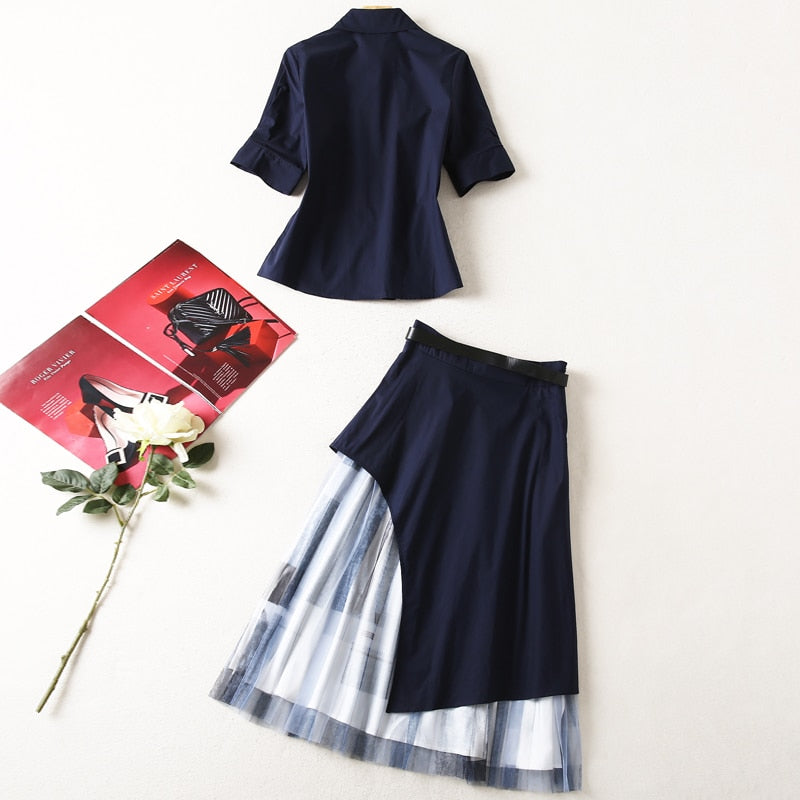 Casual Short-Sleeved Shirt Patchwork Mesh Skirt 2 Pieces Set