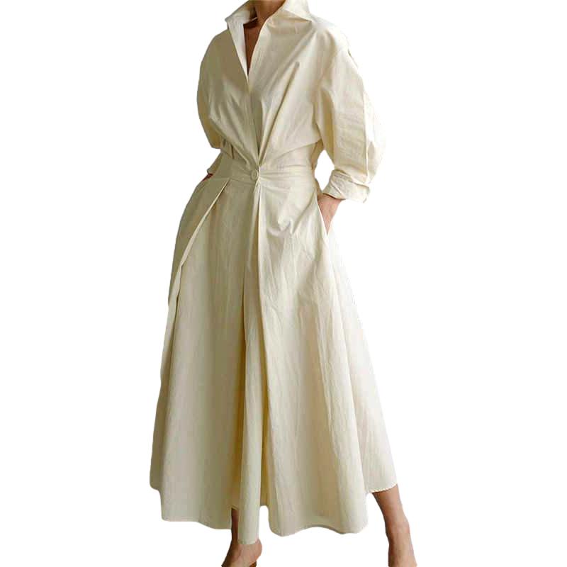 Solid Lapel Single Button Loose Long-sleeved Shirt Dress