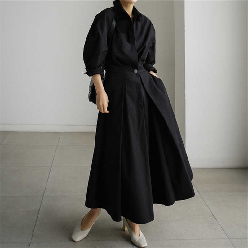Solid Lapel Single Button Loose Long-sleeved Shirt Dress
