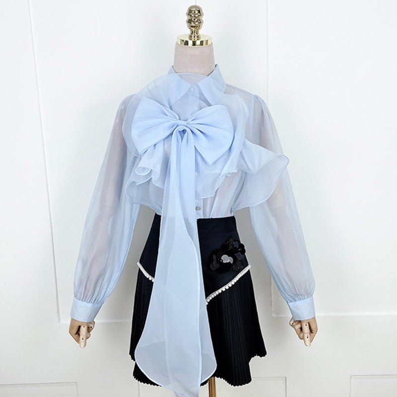 Blue Patchwork Bowknot Lapel Long Sleeve Perspective Top