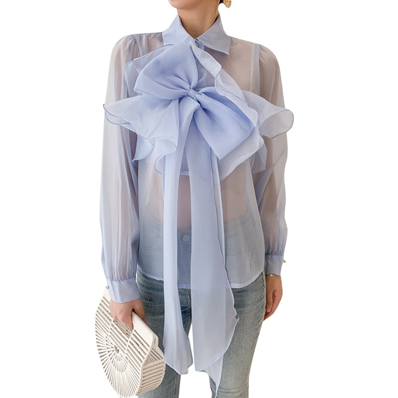 Blue Patchwork Bowknot Lapel Long Sleeve Perspective Top