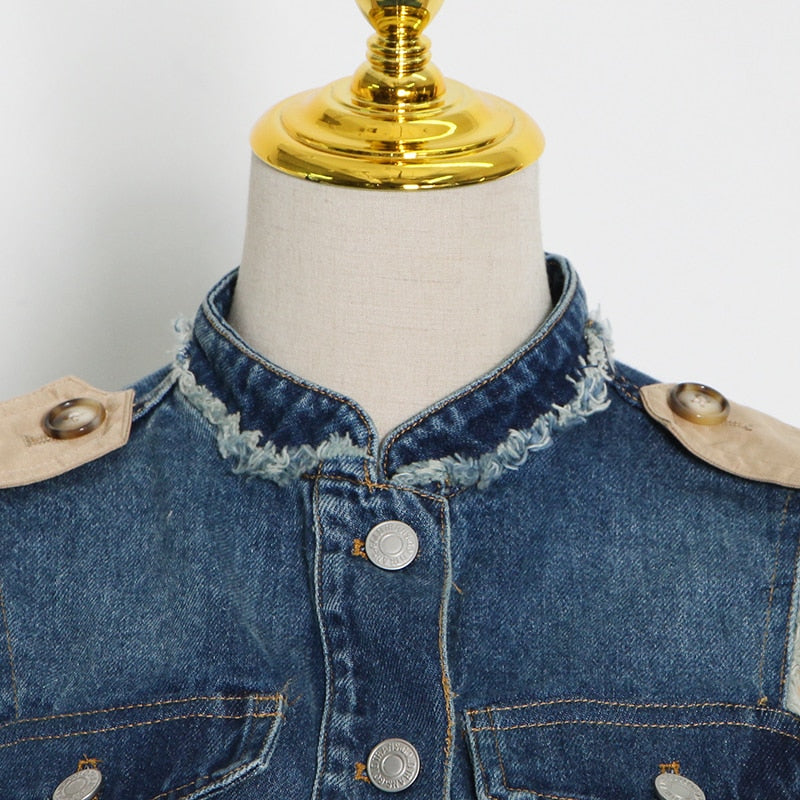 Casual Patchwork Denim Round Neck Long Sleeve Buttons Fold Pleated Blazer