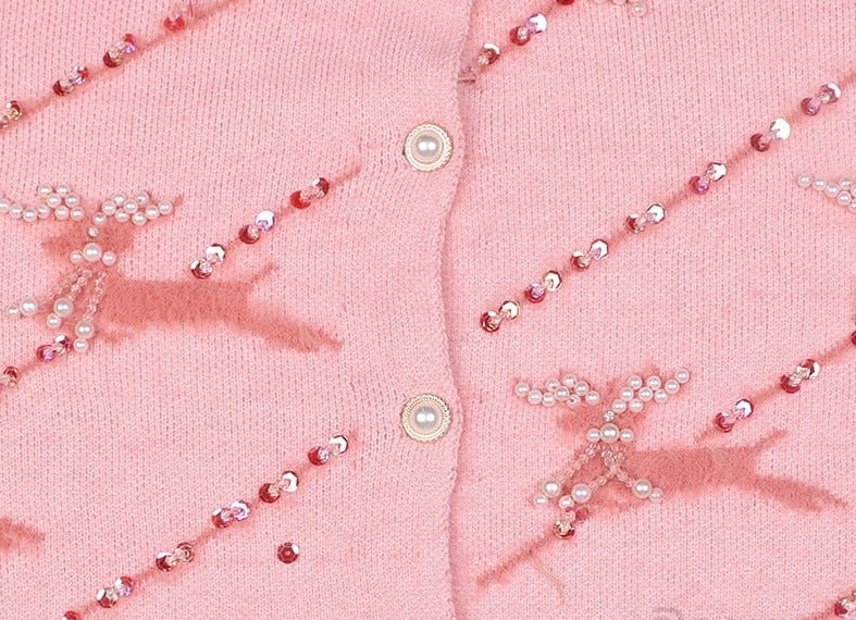 Round Neck Fawn Beaded Loose Pink Sewater Knitted Cardigan