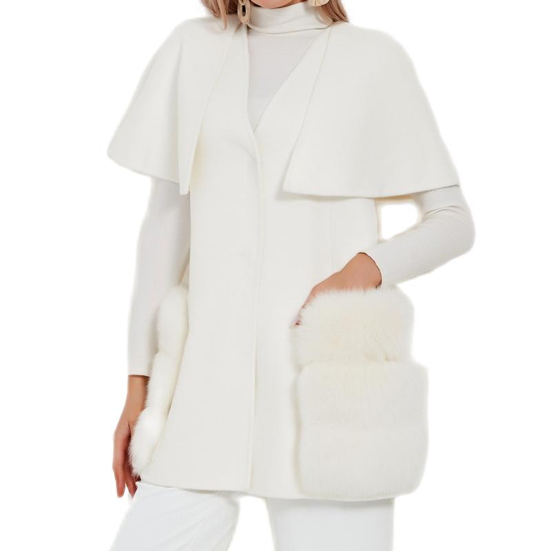 Real Fur Coat Wool Blends Fox Fur Vest Long Trench