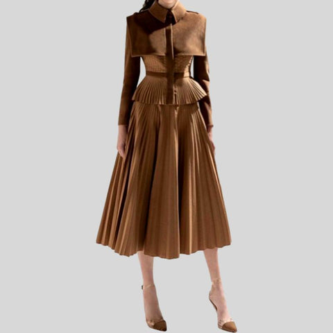 Luxury Spring Vintage Elegant Blazer Jacket Coat + Pleated Skirt Two Piece Suit Set