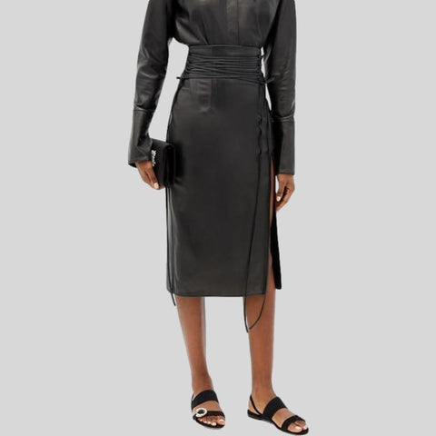 Mesh Ball Gown High Waist Patchwork Genuine Leather  Irregular Skirt