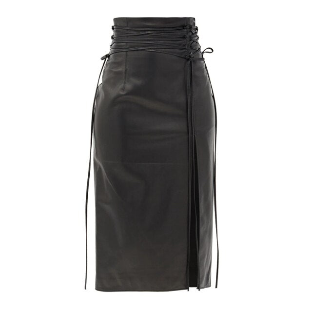 Black Drawstring Leather Solid Skirts Vintage Gathered Waist Midi Skirt
