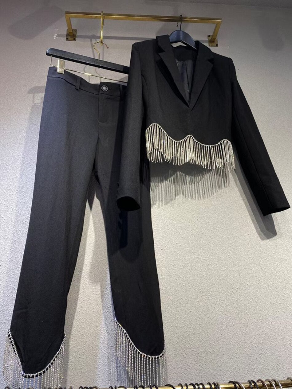 Long Sleeve Diamond Tassel Pants Suit  Set
