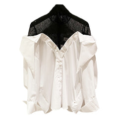 Asymmetry Lace Patchwork White Blouse Long Sleeve Two Color Top