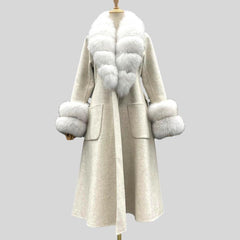 Wool With Real Fox Fur Collar Cuff Slim Fit Elegant Belted Cashmere Long Coat