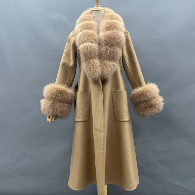 Wool With Real Fox Fur Collar Cuff Slim Fit Elegant Belted Cashmere Long Coat