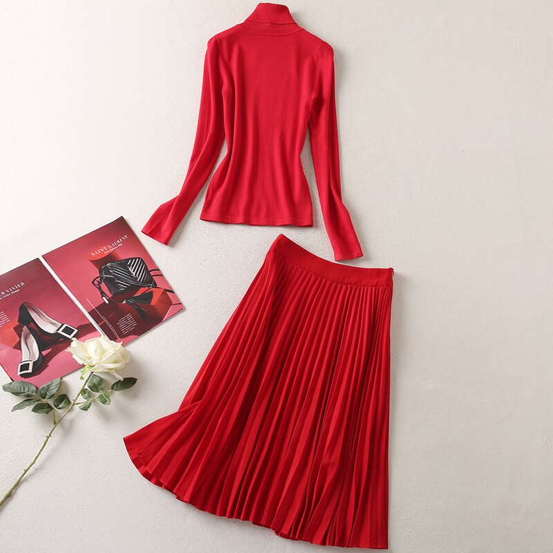 Red Knitted Tops Pleated Skirt Vintage Elegant Sets