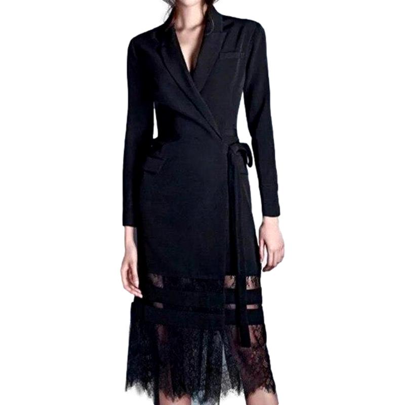 Runway Full Sleeve Notched Collar Lace Patchwork Blazer Dress
