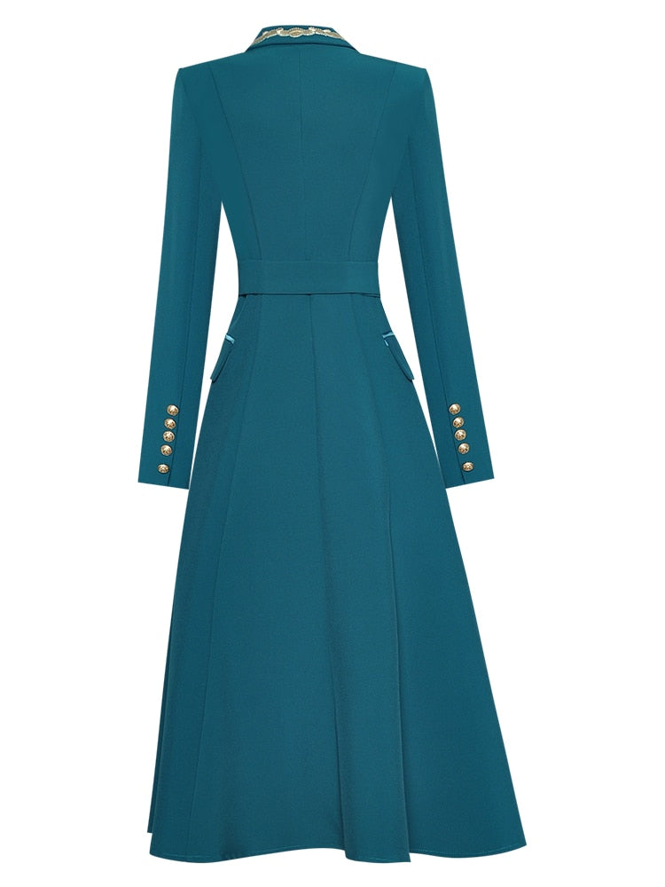 Embroidery Turn-down Collar Long Sleeve belt Double Breasted dress