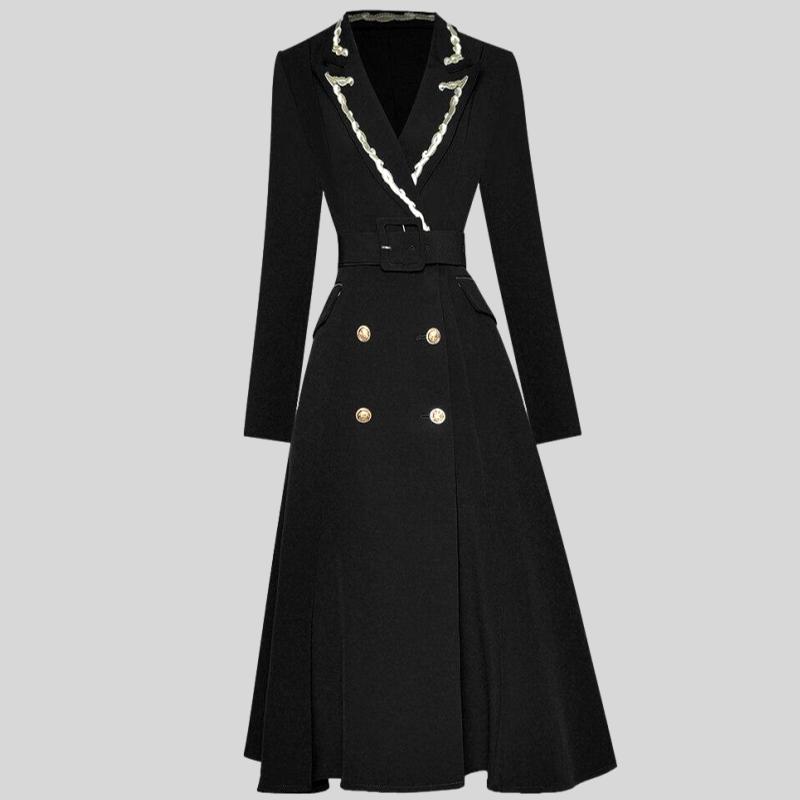 Embroidery Turn-down Collar Long Sleeve belt Double Breasted dress