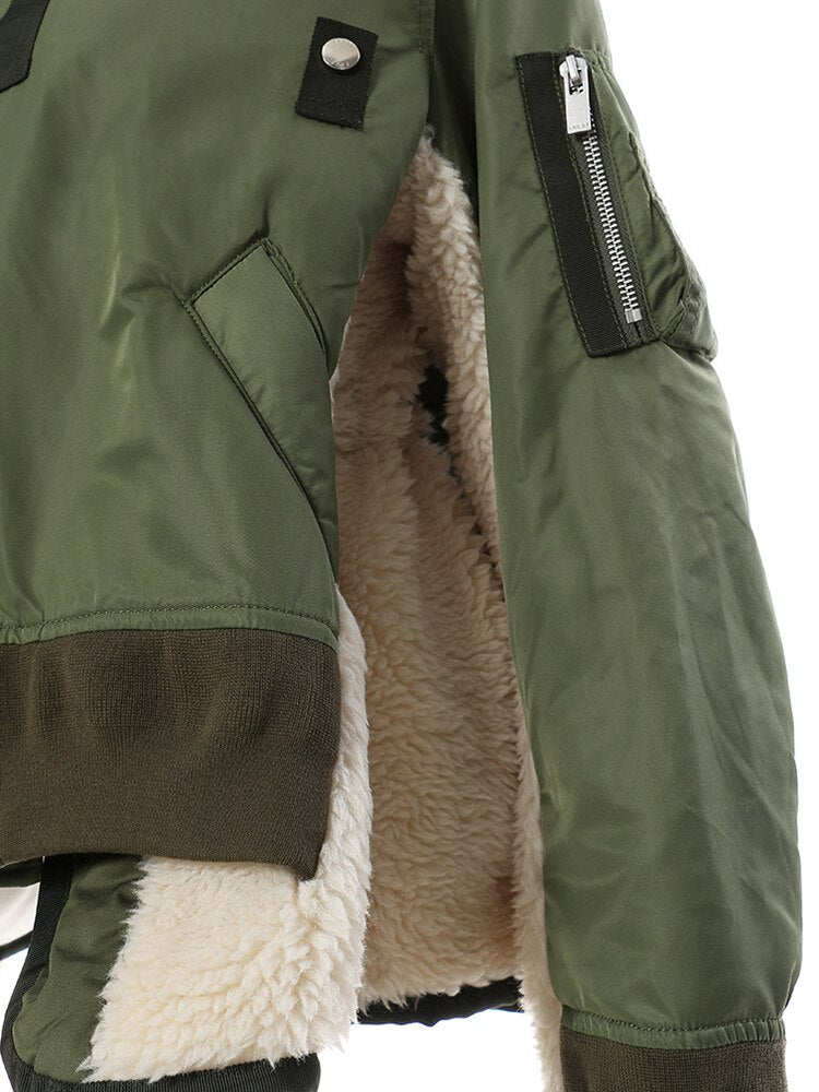 Casual Patchwork Woolen Stand Collar Loose Long Sleeve Zipper Coat