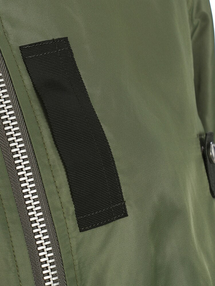 Casual Patchwork Woolen Stand Collar Loose Long Sleeve Zipper Coat