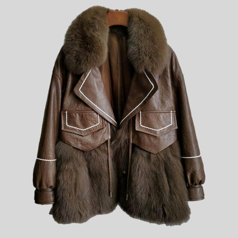 X-Long Real Beaver Fur  Whole Skin With Red Fox Big Lapel Collar Removable Coat