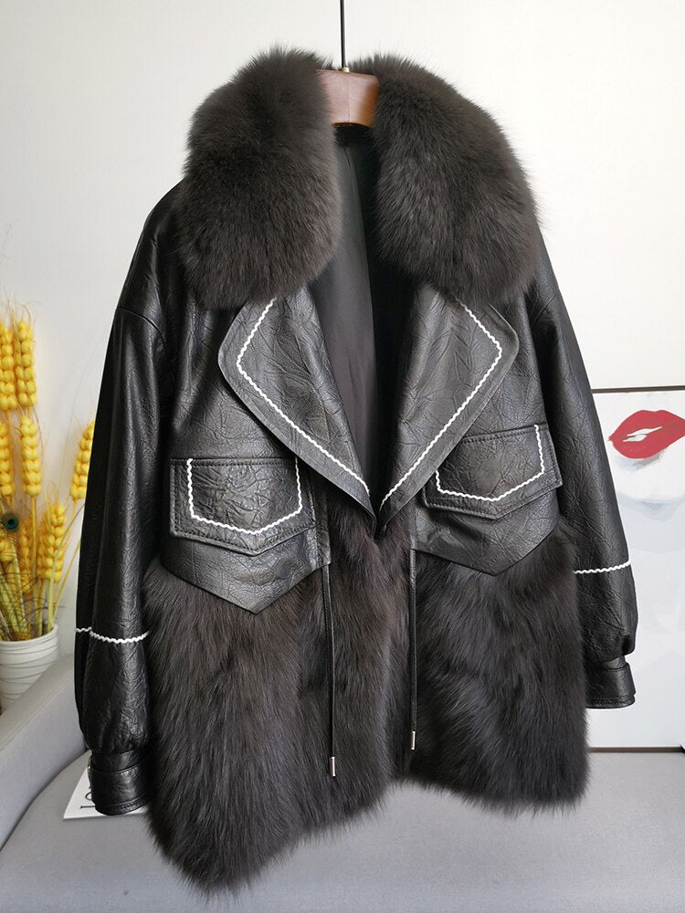 Leather Fox Fur Mid-Length Loose  Genuine Leather Coat