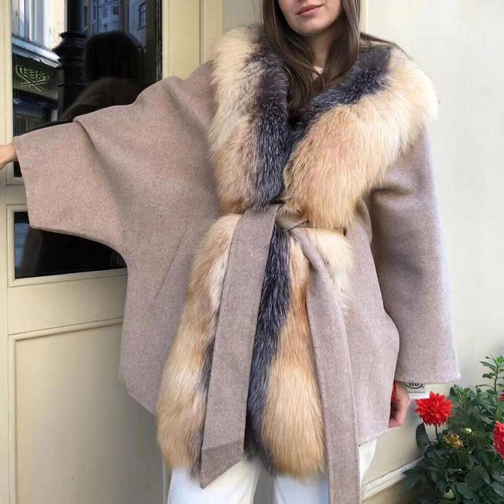 Long Nature Fox Fur Collar With Warm Cashmere Slim Woolen Coat Capped