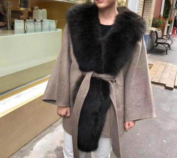 Long Nature Fox Fur Collar With Warm Cashmere Slim Woolen Coat Capped