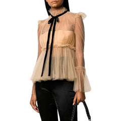 Loose Patchwork Sheer Mesh  Stand Collar Long Sleeve Solid Top