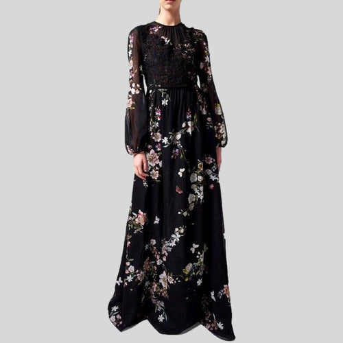 Black Floral Printed Lace Patchwork Long Lantern Sleeve Pleated Maxi Dress