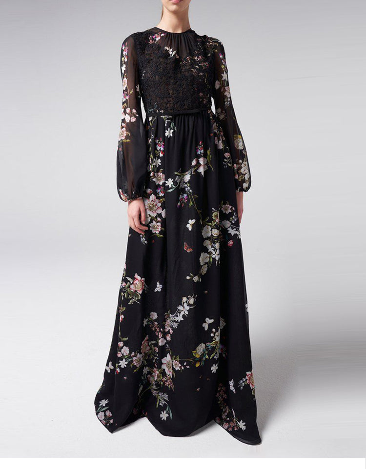 Black Floral Printed Lace Patchwork Long Lantern Sleeve Pleated Maxi Dress