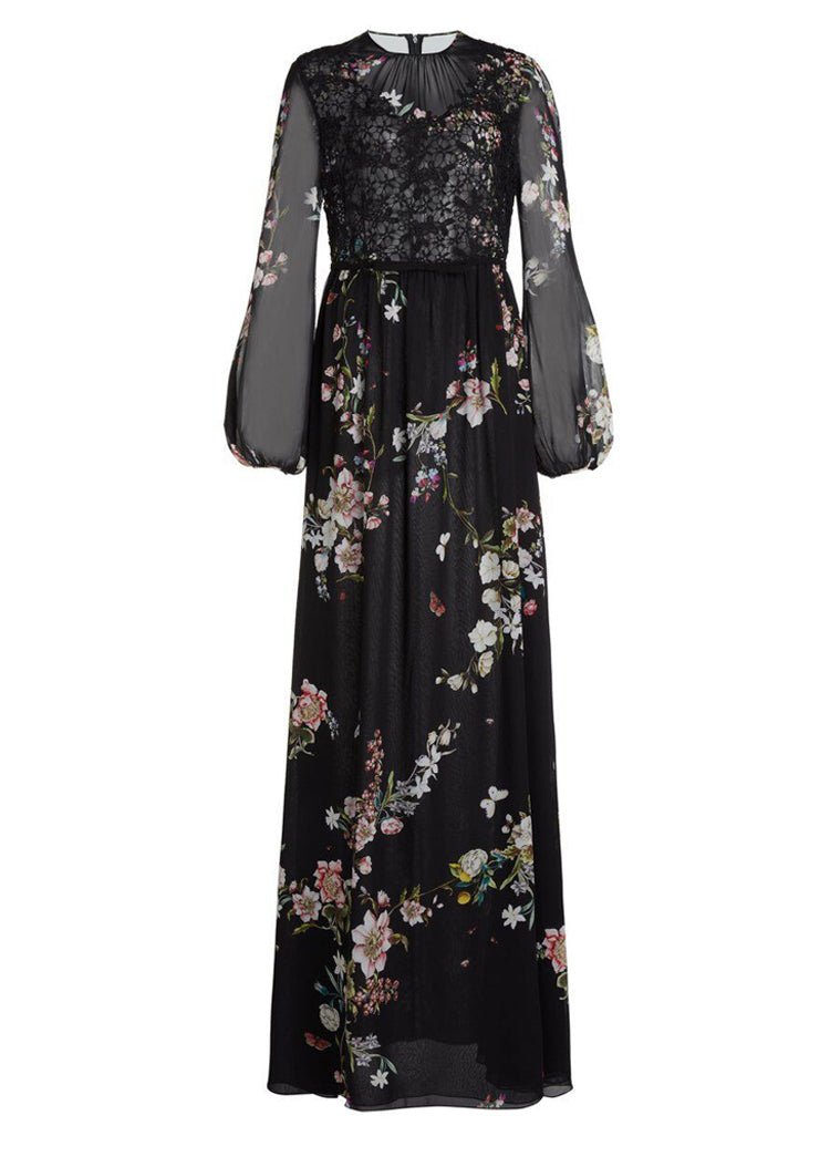 Black Floral Printed Lace Patchwork Long Lantern Sleeve Pleated Maxi D Knot Bene Black Floral Printed Lace Patchwork Long Lantern Sleeve Pleated Maxi D Knot Bene