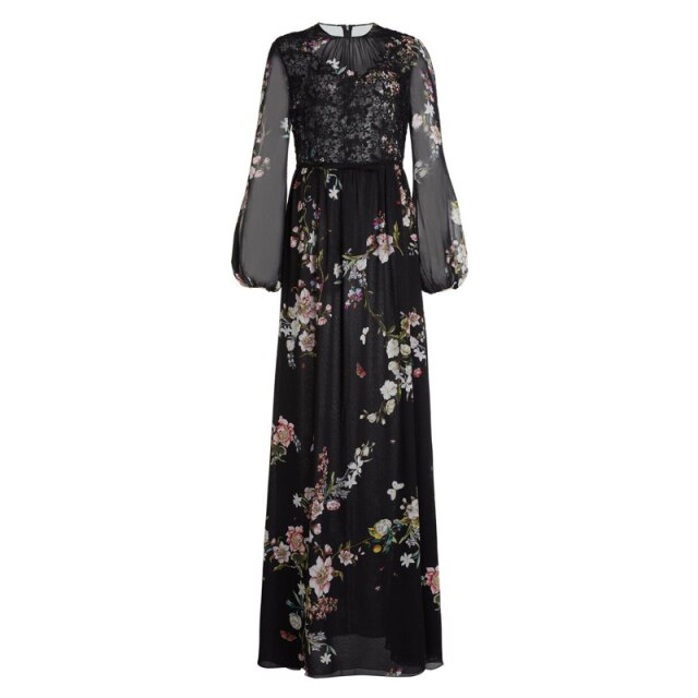 Black Floral Printed Lace Patchwork Long Lantern Sleeve Pleated Maxi D Knot Bene Black Floral Printed Lace Patchwork Long Lantern Sleeve Pleated Maxi D Knot Bene