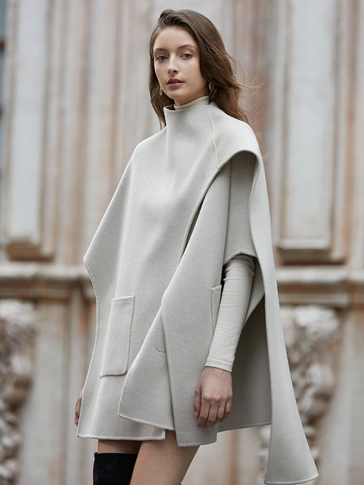 Wool Round Neck Sleeveless Patchwork Irregular Cloak Coat