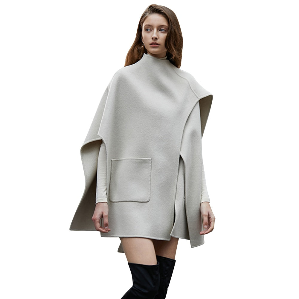 Wool Round Neck Sleeveless Patchwork Irregular Cloak Coat