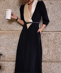 Black Midi V Neck Elegant Dress