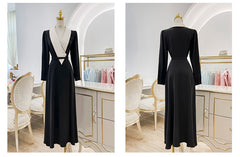 Black Midi V Neck Elegant Dress