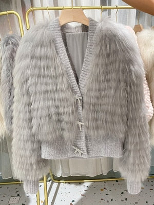 Natural Fur V Neck Raccoon Fur Warm Puff Sleeve Jacket