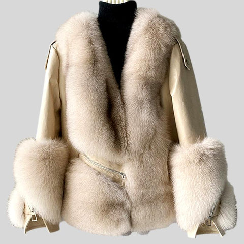 Fox Fur Collar Cloak Handmade 100% Double Woolen Coat
