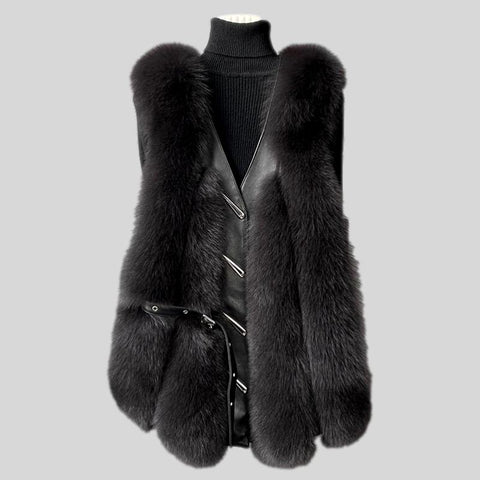 Natural fox fur sleeve cashmere single breasted long wool coat trench