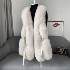 Fox Fur Vest Long Genuine Leather Waist Coat