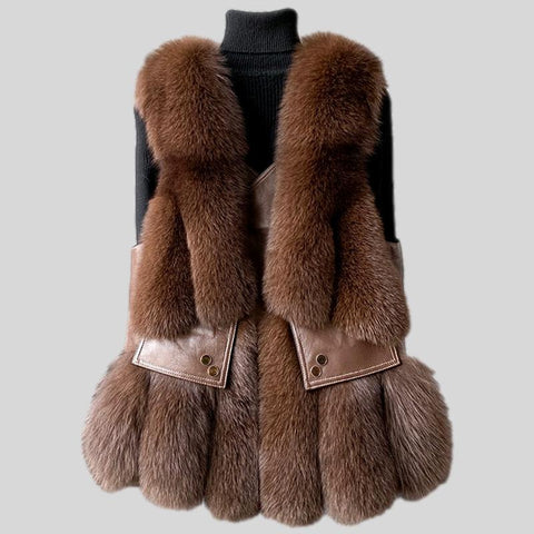Natural fox fur sleeve cashmere single breasted long wool coat trench