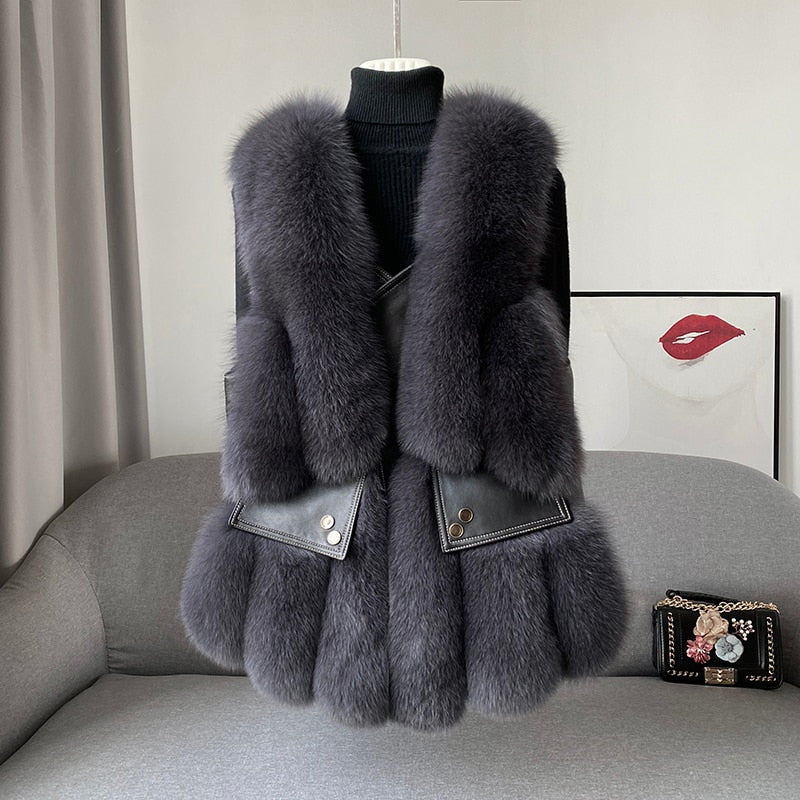 Fox Fur Vest Real Leather Coat