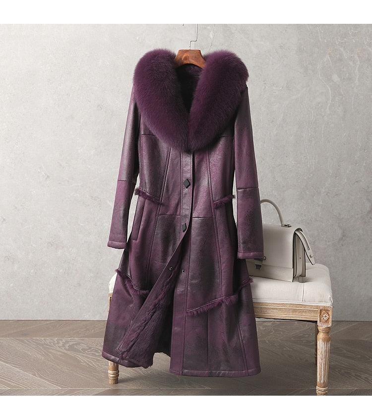 Genuine Leather  Mid-Length Fox Fur Collar Rabbit Fur Lining Coat