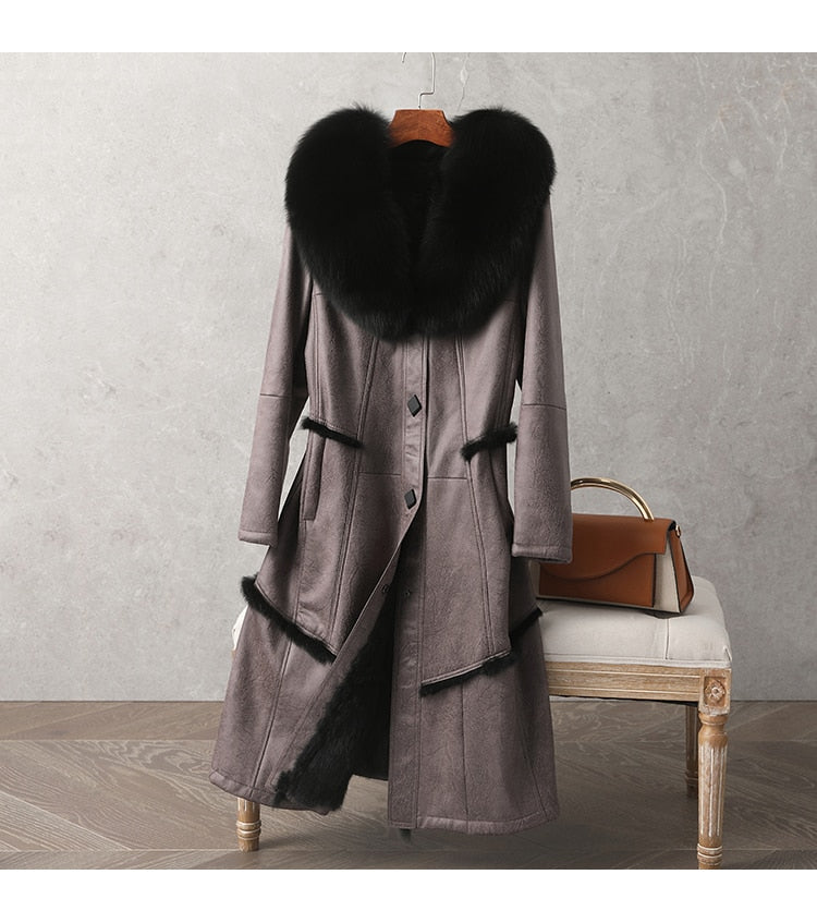 Genuine Leather  Mid-Length Fox Fur Collar Rabbit Fur Lining Coat