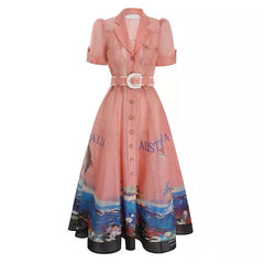 Short Sleeve Pink Print Belted Midi Long Dress