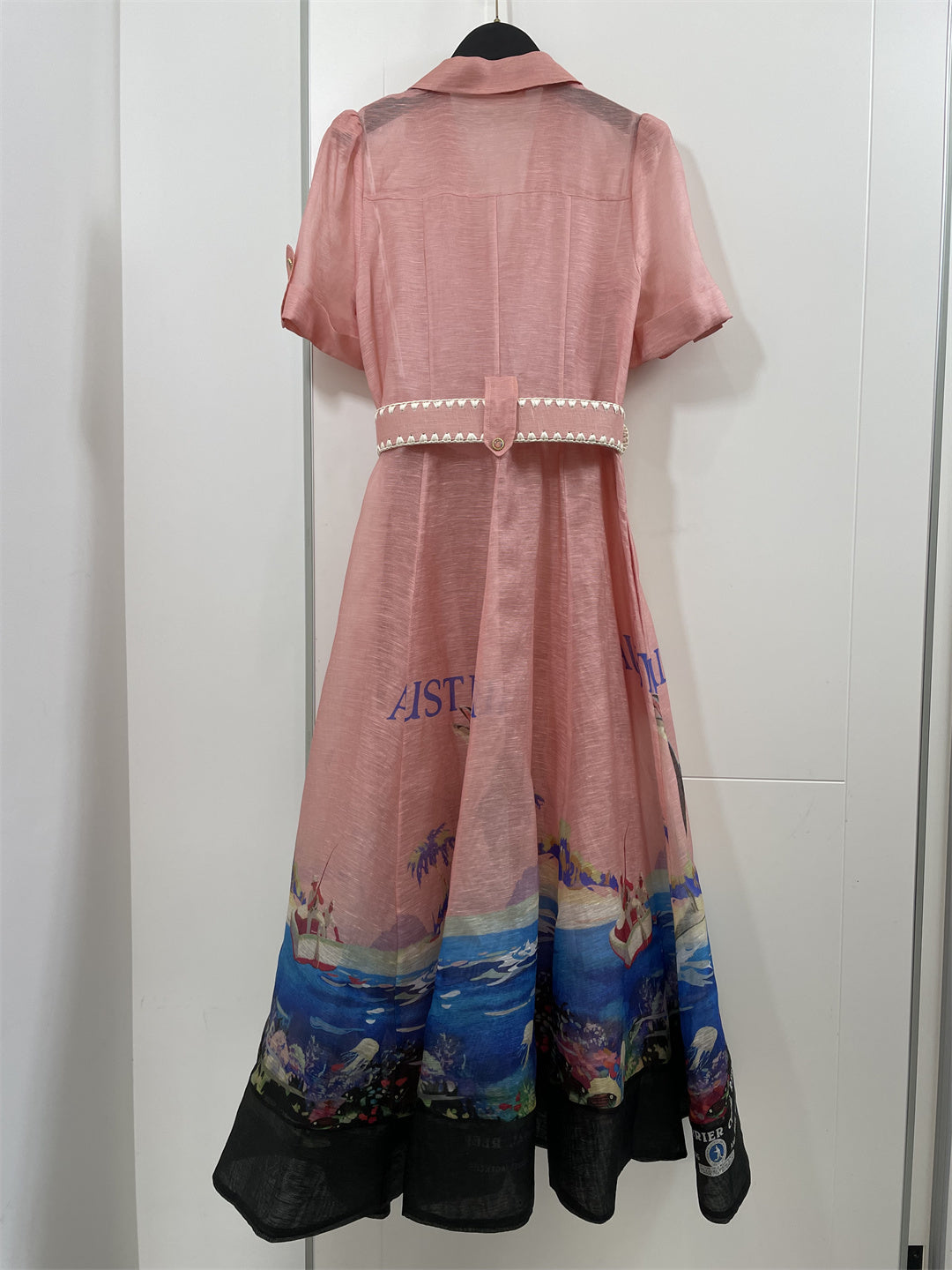 Short Sleeve Pink Print Belted Midi Long Dress