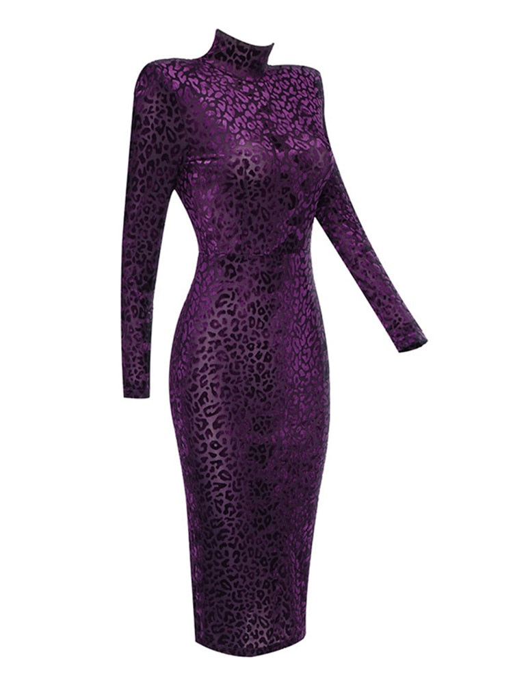 Tide Stand-up Collar Long Sleeve Knee-length High Waist Leopard Dress