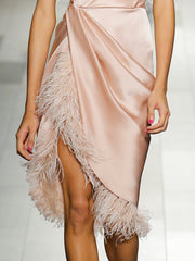 Slash Neck Solid Color Sleeveless Irregular Ostrich Feather Dress