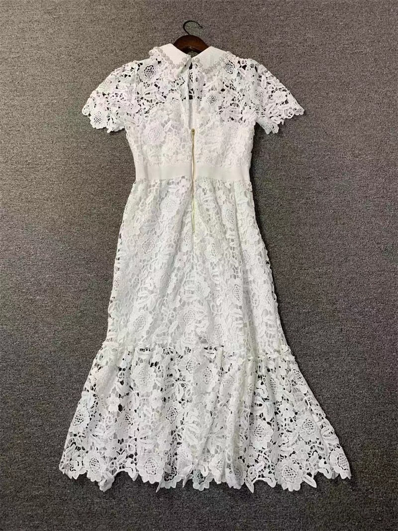 Vintage Embroidery Lace Hollow Out White Color Dress